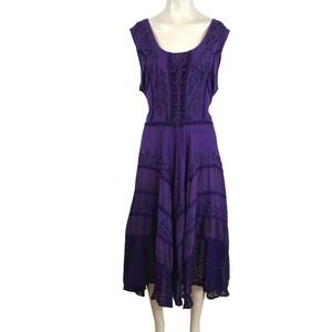 Sakkas Purple Beaded Boho Midi Dress Womens L/XL Lace Up Handkerchief Hem Rayon